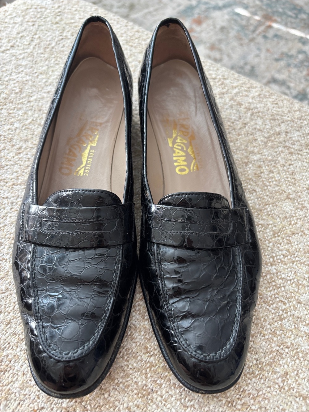 Salvatore Ferragamo Black Croc-Embossed Leather Penny Loafers